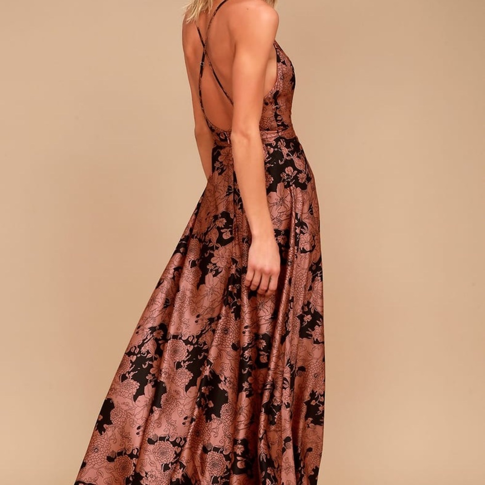 Lulu's Rose Gold and Black Floral Satin Backless Maxi Dress